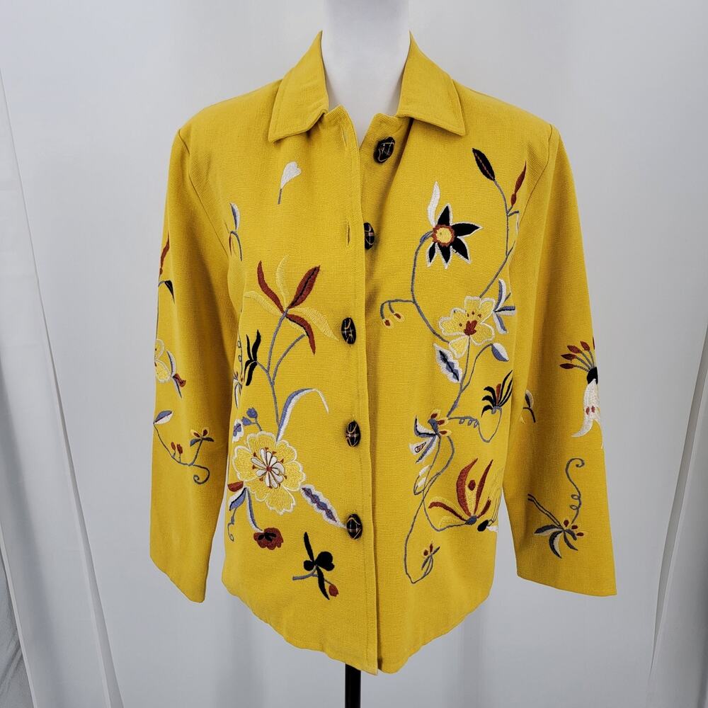 Daniel K Blazer Women's Small Yellow Floral Embroidered Button Up Boho Art